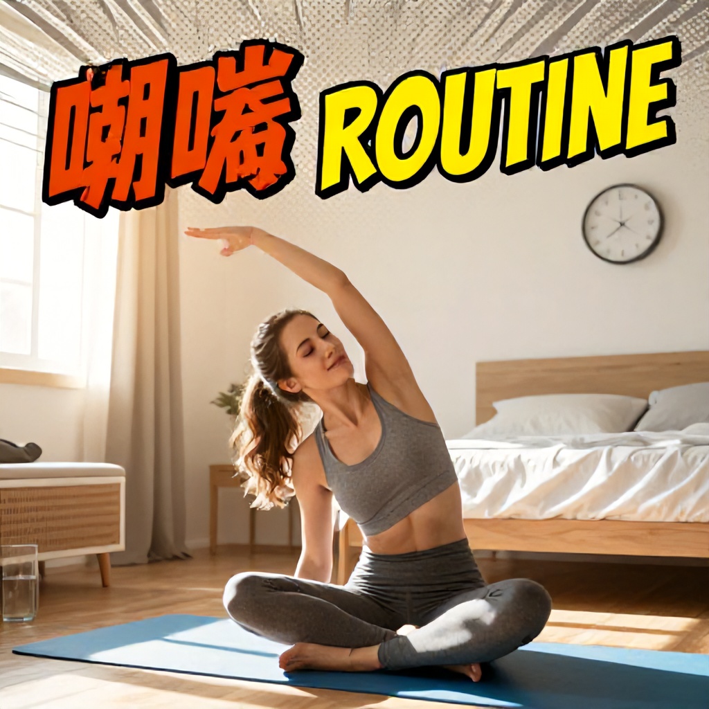 A woman sits on a blue exercise mat in a sunlit bedroom, performing a seated side stretch with one arm arched gracefully overhead. The image features a vibrant comic-book aesthetic with bold outlines, halftone patterns, and dynamic graphic text at the top highlighting a morning routine. Warm sunlight fills the room, illuminating a bed and a wall clock to create an energetic and peaceful atmosphere.