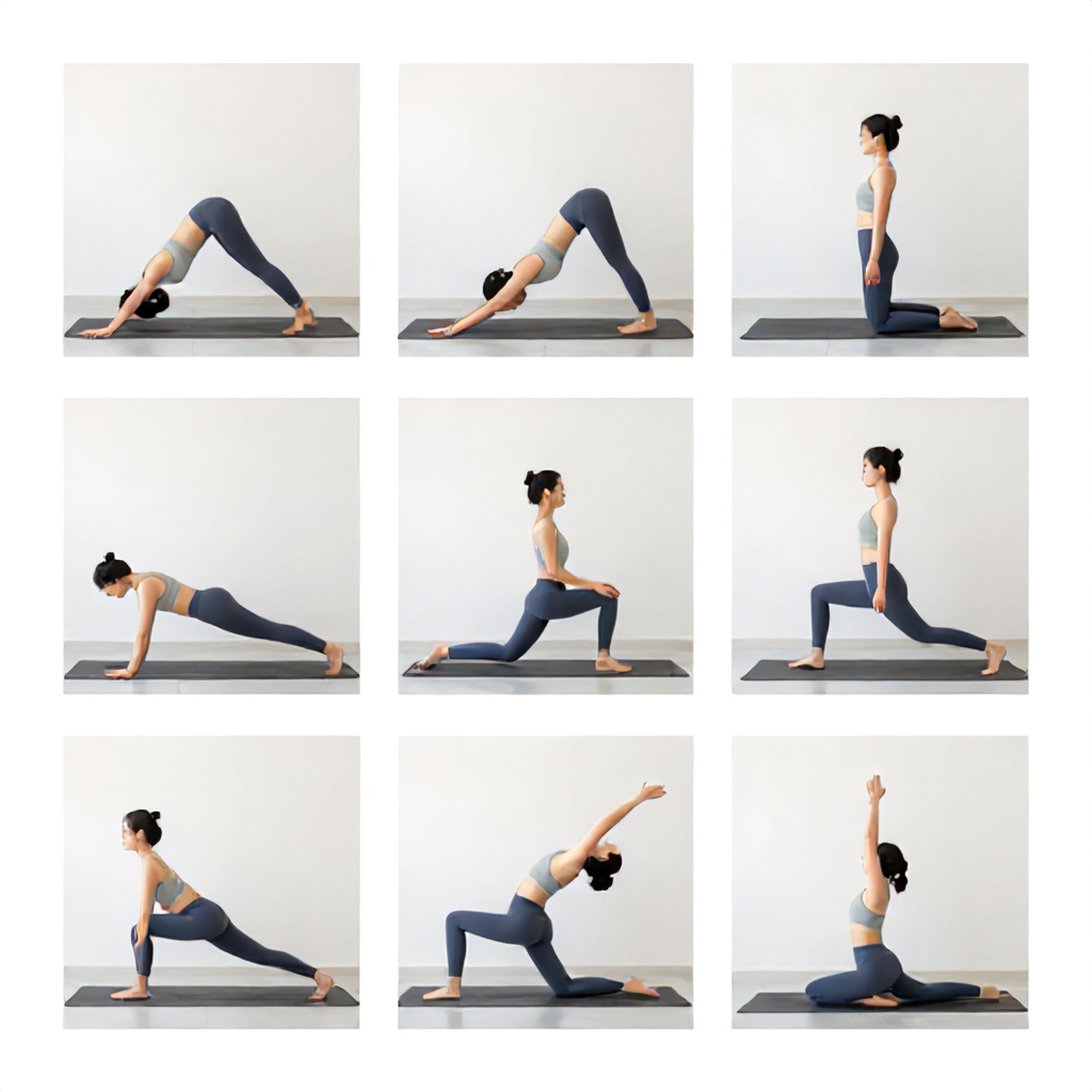 This infographic illustrates a series of morning yoga poses designed to promote focus and motivation. The layout features several clear photos of a woman demonstrating different positions, including downward dog, low lunge, and mountain pose, in a bright and minimalist studio setting. The clean aesthetic is achieved through a neutral color palette of whites, grays, and soft blues, creating an instructional and calming guide.