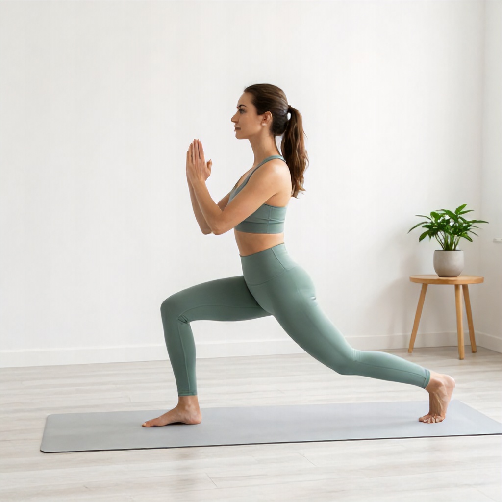A woman in a sage green athletic set performs a lunge on a light gray exercise mat in a bright, minimalist room. The space features white walls, light-colored wooden floors, and a simple wooden table with a potted plant in the background. The overall mood is focused and serene, highlighting a calm environment for a home workout.