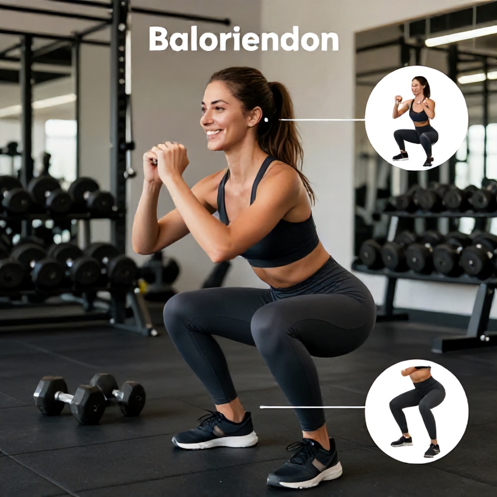 A smiling woman in athletic wear performs a squat in a brightly lit gym, surrounded by fitness equipment like dumbbells and weight racks. The image features instructional text and circular inset graphics that demonstrate proper foot alignment for the exercise. The overall atmosphere is positive and educational, highlighting a clean and modern workout environment.