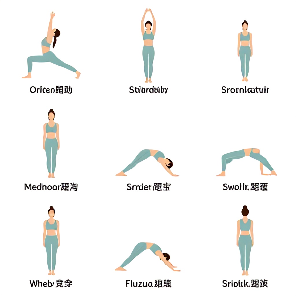 This instructional graphic displays a series of eight standing yoga poses designed for a beginner-level full-body stretching routine. Each pose is depicted with a simplified illustration of a person in light-colored athletic wear against a clean white background, organized into neat rows. The image uses a minimalist style with soft colors and clear text labels to guide the viewer through the sequence in a calm, informative manner.