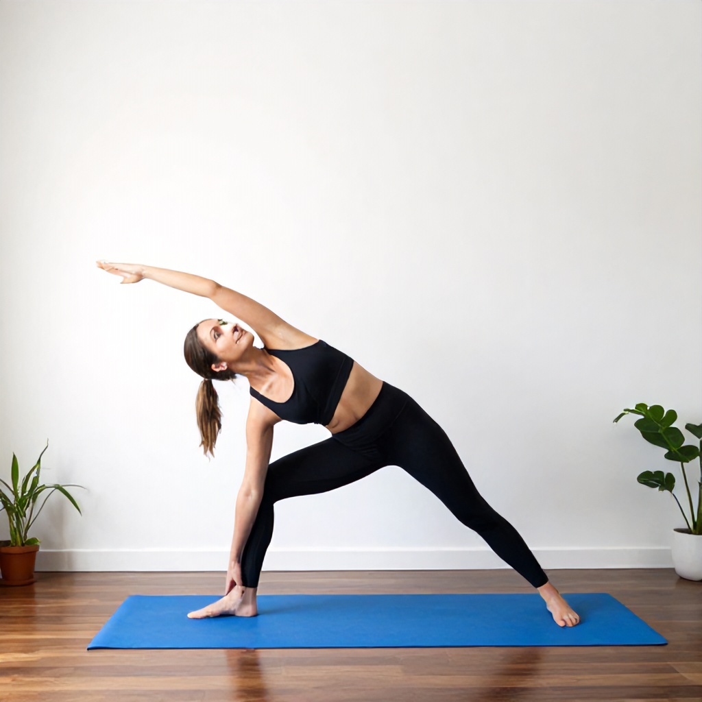 A woman is performing a yoga stretch in a bright, minimalist room with white walls and dark wooden floors. She is positioned on a blue exercise mat, holding a wide-legged pose with one arm extended toward the ceiling. The space is naturally lit and features simple decor like indoor plants, creating a calm and focused environment for physical activity.