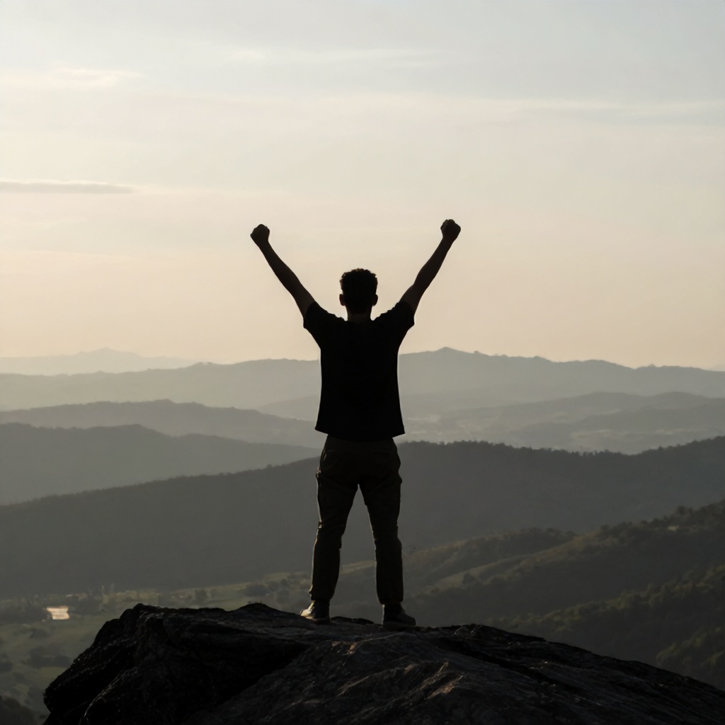 A person stands with their back to the camera, arms raised high in a triumphant gesture atop a dark, rocky overlook. They are silhouetted against a vast, hazy vista of rolling hills and distant mountains under a soft, pale sky. The image uses muted colors and natural lighting to evoke a serene and empowering atmosphere.