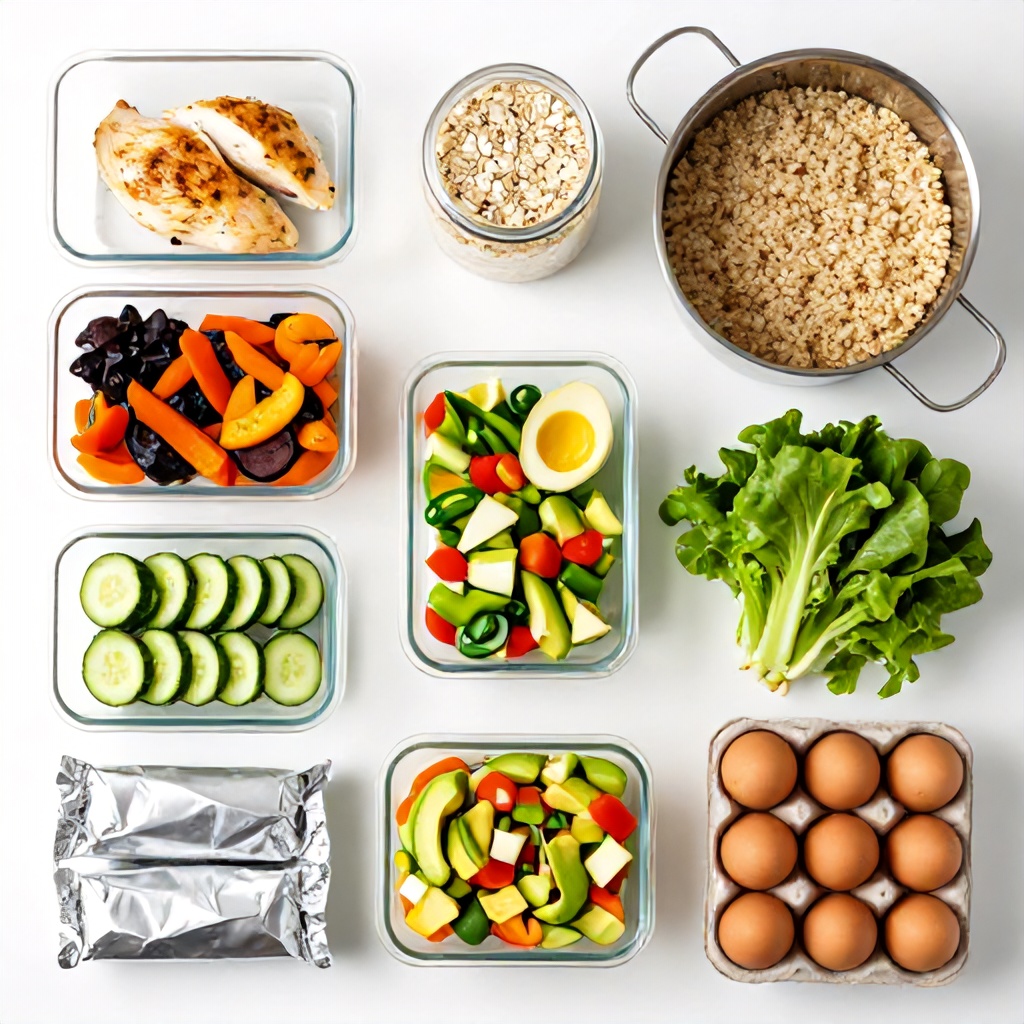 An overhead view shows an assortment of prepared healthy food items neatly organized on a clean white surface. Glass containers hold seasoned chicken breasts, roasted mixed vegetables, sliced cucumbers, and a vibrant avocado-based salad alongside jars of oats and a carton of brown eggs. A large pot of cooked quinoa, several foil-wrapped items, and fresh leafy greens complete the scene, suggesting a thoughtful approach to weekly meal planning.