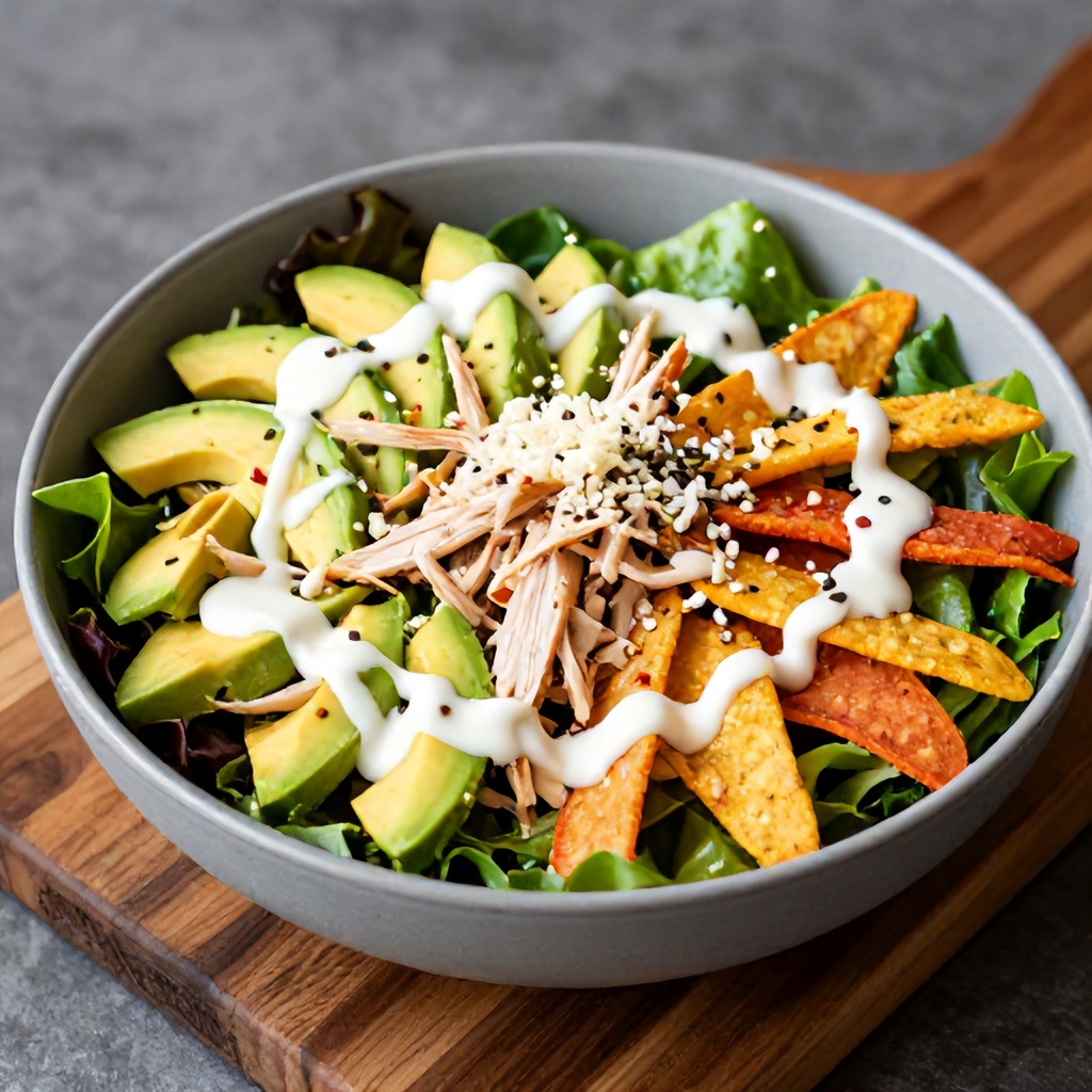 A vibrant salad is presented in a large grey bowl, resting on a rustic wooden cutting board. The dish features a bed of dark leafy greens topped with shredded chicken, chunks of avocado, and colorful, crunchy tortilla strips. It is finished with a drizzle of creamy white dressing, crumbled cheese, and small seeds, creating a fresh and wholesome appearance.