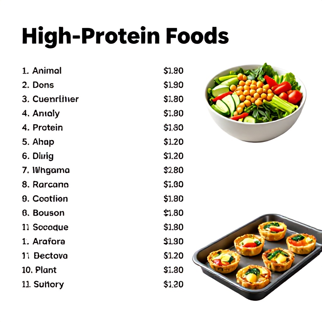 This educational infographic features a comprehensive list of high-protein foods categorized into animal, dairy, and plant-based sources, along with their respective protein counts. Beside the text are vibrant photos of prepared meals, including a fresh salad bowl topped with chickpeas and vegetables and a baking tray filled with golden-brown egg bites containing spinach and peppers. The overall design is clean and organized, using a neutral color palette and simple typography to create an informative and health-conscious mood.