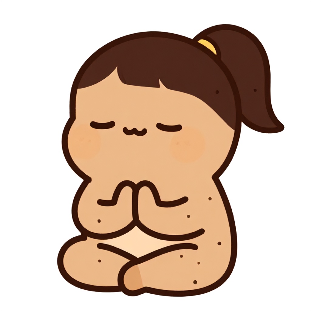 The image displays a cute, round cartoon character with a light brown body and dark brown hair pulled into a ponytail. It is shown in a serene meditative pose, with eyes gently closed and a small, peaceful smile. Small dark brown dots are scattered across its form, adding visual texture. The simple, clean art style and calm posture convey a relaxed and tranquil mood.