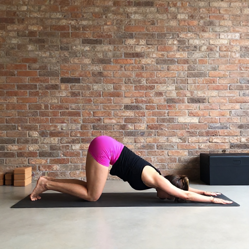 A person in a black tank top and bright pink shorts performs a yoga pose on all fours on a dark mat. The scene is set against a textured, rustic brick wall in a minimalist indoor space. To the side, yoga blocks and a large dark chest sit on the light-colored floor, contributing to a calm and focused fitness environment.