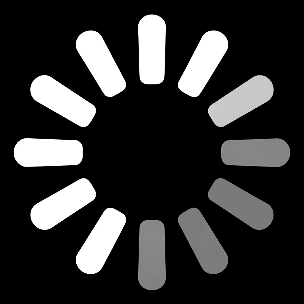 This image features a circular, radial loading indicator composed of twelve elongated, rounded rectangles arranged like the spokes of a wheel. The elements vary in shade from light to dark gray, creating a gradient effect against a solid black background. It is a minimalist, abstract graphic commonly used to represent a process in progress or a wait state.