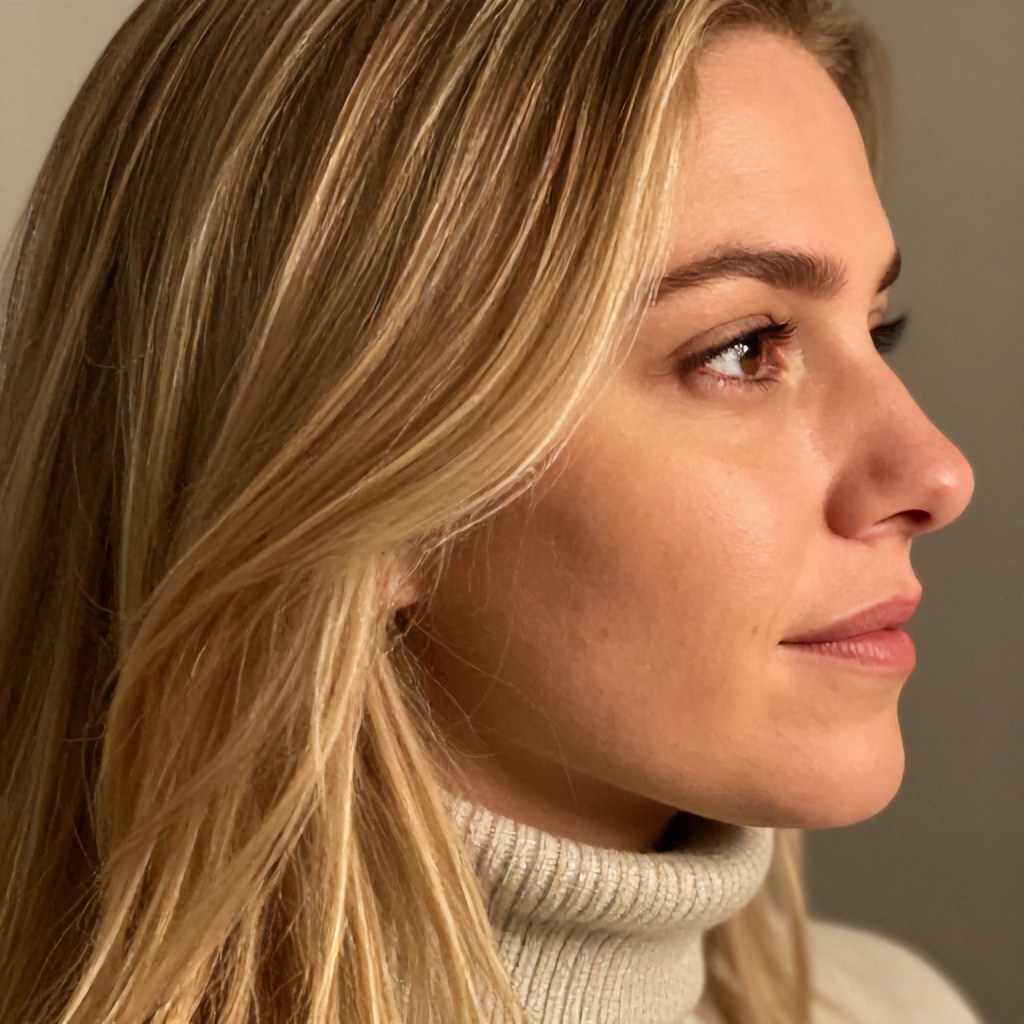 This close-up portrait shows a woman with shoulder-length blonde hair viewed from a side profile. She has a natural appearance, with visible skin texture, and is wearing a light-colored turtleneck sweater. The lighting is soft and warm, contributing to a candid, intimate mood.