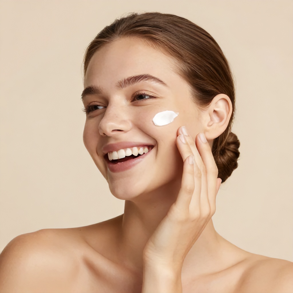 A young woman with glowing, radiant skin laughs joyfully while applying a small dab of white facial cream to her cheekbone. She is set against a soft, neutral beige background that creates a clean and minimalist aesthetic. The image captures a serene, self-care atmosphere, emphasizing a natural and healthy complexion.
