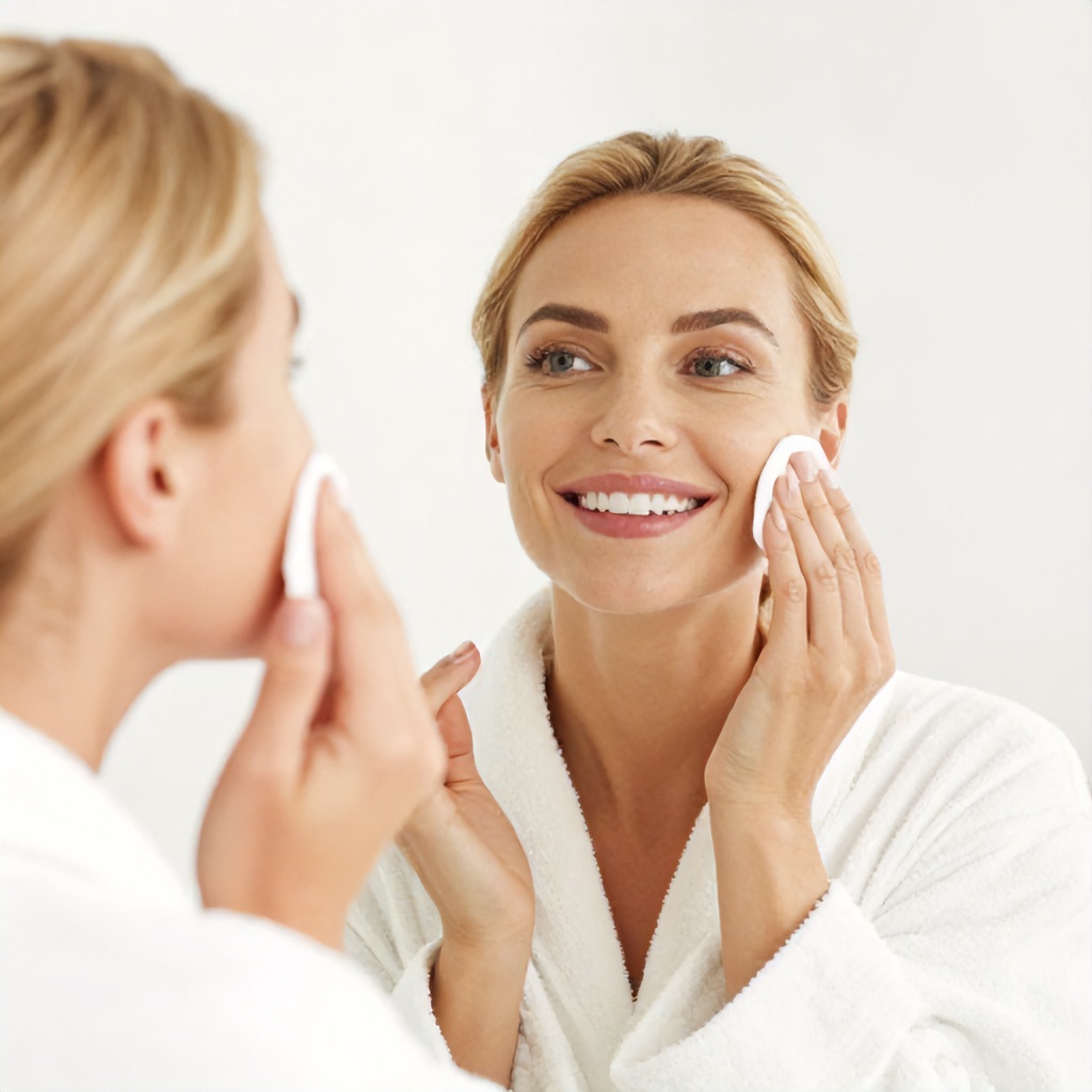 A smiling woman with blonde hair, wearing a white bathrobe, is captured in a reflection while gently cleaning her face with a soft cotton pad. The bright, high-key lighting creates a fresh and serene atmosphere, emphasizing a clean and natural skincare routine.