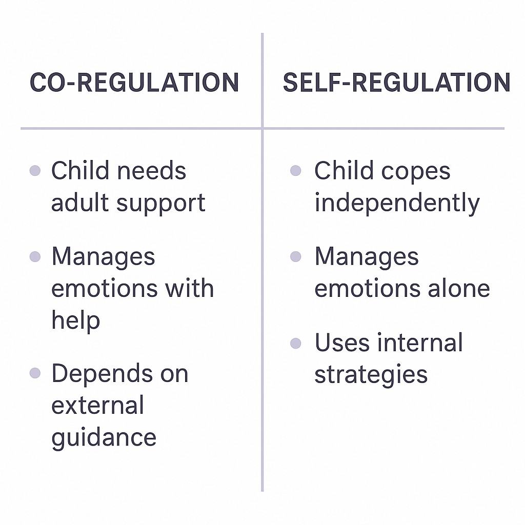 This infographic uses a clean, minimalist design with a white background and light purple lines to contrast the concepts of co-regulation and self-regulation. Side-by-side text columns outline the differences between a child needing adult support to manage emotions versus being able to cope independently. The overall aesthetic is professional and informative, providing a clear educational comparison for parents or caregivers.