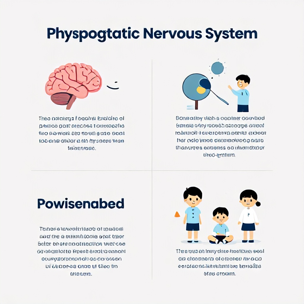 This educational infographic outlines the physiological and behavioral responses associated with the sympathetic nervous system. Using a neutral color palette of soft grays and blues, the document organizes information into distinct sections that explain brain function, physical symptoms, and child development behaviors. The layout is clean and professional, incorporating simple illustrations to help visualize abstract concepts regarding stress responses.