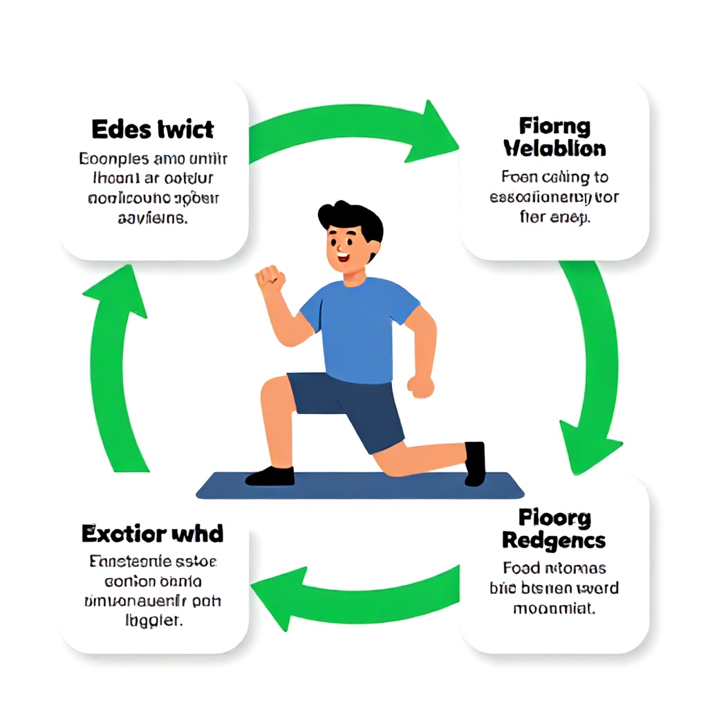 This infographic features a cartoon-style illustration of a happy character performing a lunge on a mat in the center. Four informative text boxes are arranged around the character, connected by green arrows to form a cycle that explains the relationship between physical activity and emotional well-being. The overall design uses a clean, bright, and educational aesthetic to communicate the physiological benefits of movement.