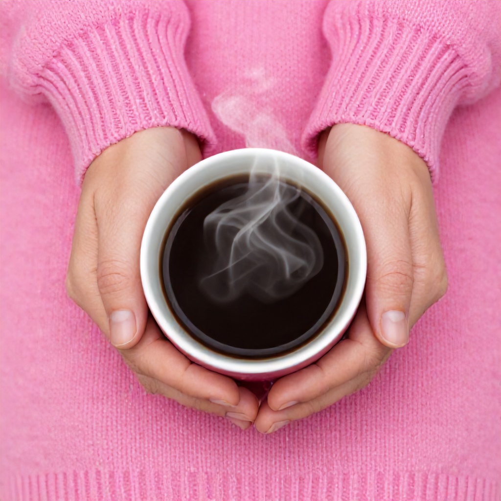 A pair of hands wearing a bright pink knit sweater gently holds a mug filled with dark black coffee. The overhead perspective captures the steam-free liquid against the contrasting warm texture of the fabric. The overall mood is cozy, calm, and inviting, suggesting a peaceful morning ritual.