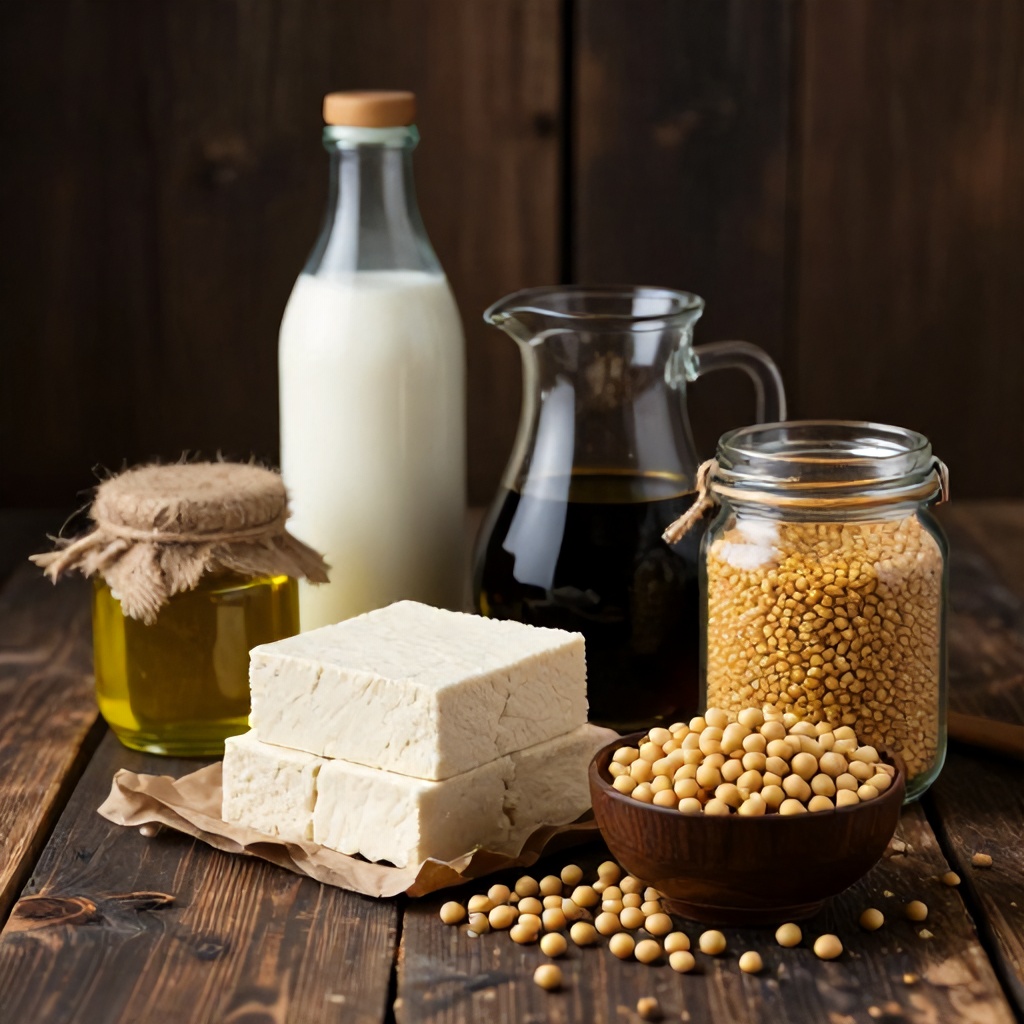 This rustic kitchen still life features various ingredients, including a stack of white tofu, a bowl of raw soybeans, and a jar of golden grains, all arranged on a dark, weathered wooden surface. A tall bottle of milk, a glass pitcher of dark liquid, and a small jar of clear oil are grouped together, accented with simple twine wrappings. The overall aesthetic is warm and earthy, using natural textures and tones to create a grounded, farmhouse-inspired composition.