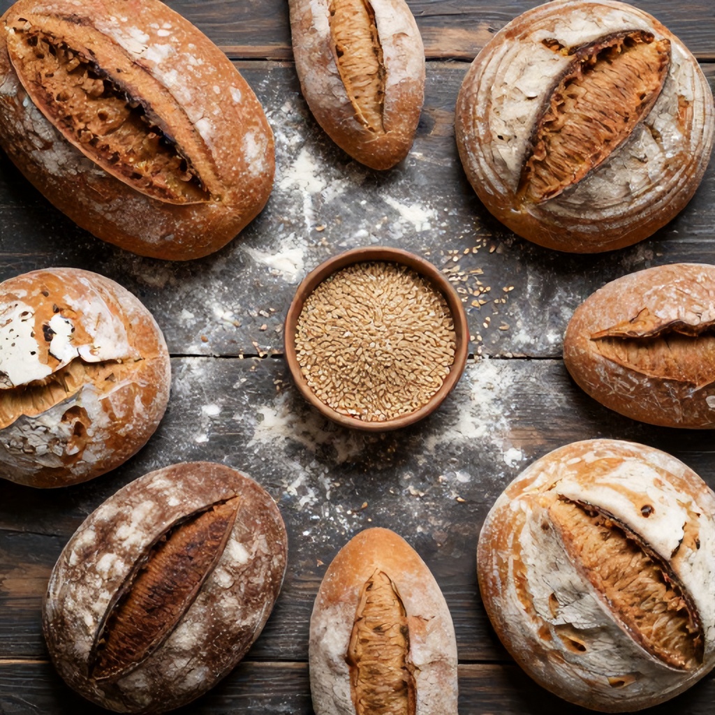 This image features a rustic flat-lay arrangement of various artisan breads and a small bowl of whole grains scattered across a dark, distressed wooden surface. The scene is dusted with flour, creating a textured and natural aesthetic with a warm, earthy color palette. The composition conveys a wholesome, homemade atmosphere, focusing on traditional baking ingredients.