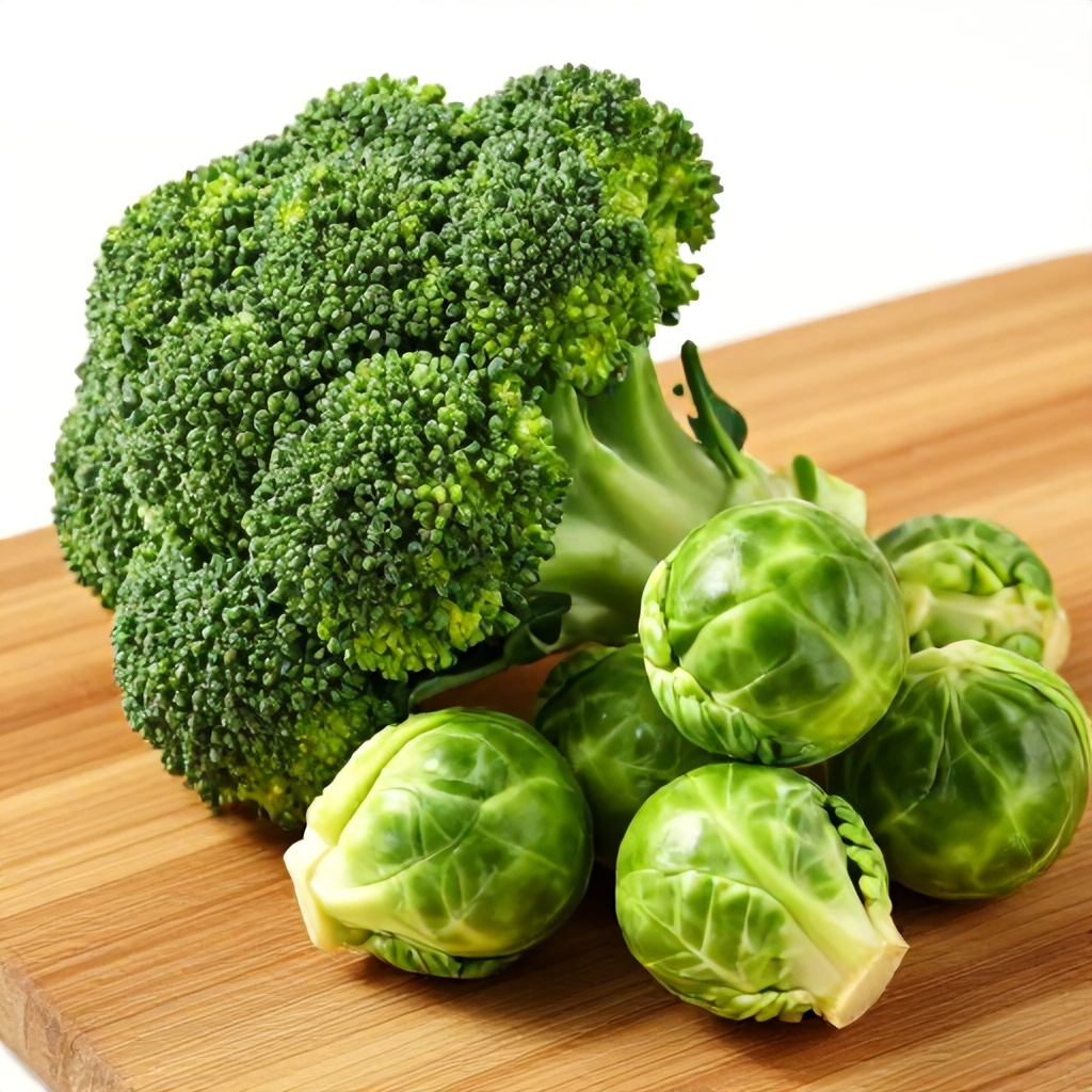 This close-up photograph features a cluster of fresh green vegetables, including a large head of broccoli and several round Brussels sprouts. The produce is arranged on a wooden cutting board with a warm, striped grain pattern. The image conveys a clean, culinary aesthetic with a focus on natural, whole-food ingredients.