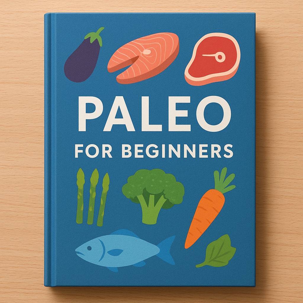 This image features a blue book with a cover titled "Paleo for Beginners" in clean, white lettering. The design includes various colorful, stylized illustrations of whole foods such as fish, meat, and assorted vegetables like eggplant, asparagus, and broccoli. The overall aesthetic is modern and educational, presenting an approachable guide to a specific dietary lifestyle.