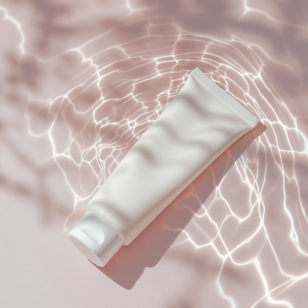 A light-colored tube of facial cleansing gel is partially submerged in rippling, clear water. The water creates abstract patterns of light and shadow on a soft pink surface beneath. The overall mood is serene and refreshing.