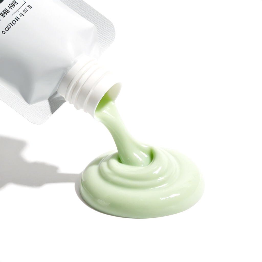 A pale green, creamy substance is swirled in thick strokes next to a white pouch. The pouch has black text and a white cap that appears to be dispensing the product. The overall mood is clean and refreshing.