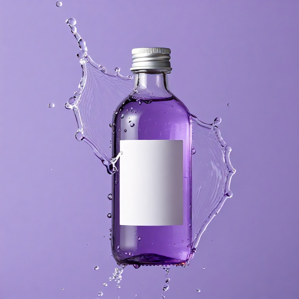 A bottle containing a purple-hued liquid is prominently displayed against a vibrant lavender background. Dynamic splashes of clear water surround the bottle, with droplets suspended in mid-air and streaks flowing across the frame. The bottle features a white rectangular label with text, partially covered by the water, contributing to a clean and modern aesthetic that suggests freshness and liquid vitality.
