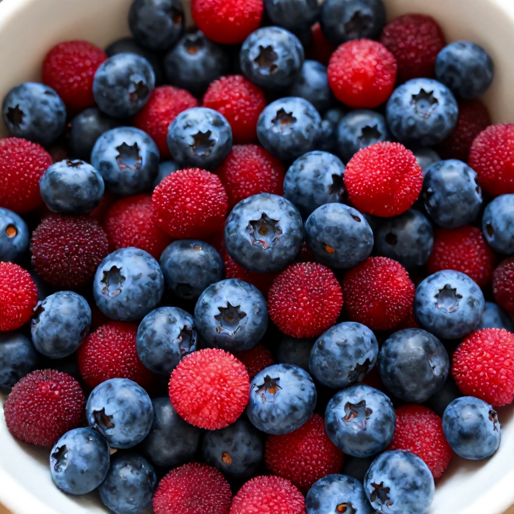 A light-colored bowl is brimming with a vibrant mix of fresh, ripe berries, captured in a close-up overhead view. Numerous round, dark blue berries are abundantly interspersed with smaller, textured red fruits. The natural composition highlights the rich color contrast and appealing freshness of the summer harvest.