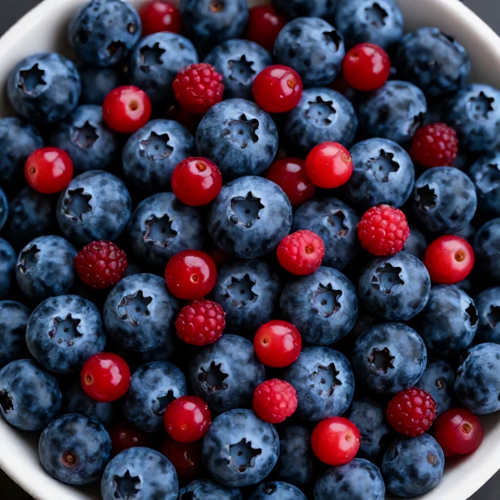 The image presents a vibrant, close-up view of a bowl generously filled with a mix of fresh berries. Plump, dark blue blueberries are abundant, scattered amongst smaller, bright red berries that exhibit varying textures. The strong color contrast between the deep blues and vivid reds creates an appealing and natural visual. A light-toned container holds the fruit, partially visible against a darker background.