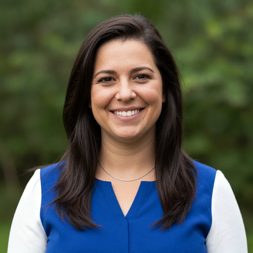 This image is an outdoor portrait of a smiling woman. She has long, dark hair and wears a blue top with white sleeves, accessorized with a slender, silver-toned necklace. The background features blurred green foliage, indicating a natural setting. Her pleasant expression contributes to a warm and inviting mood.