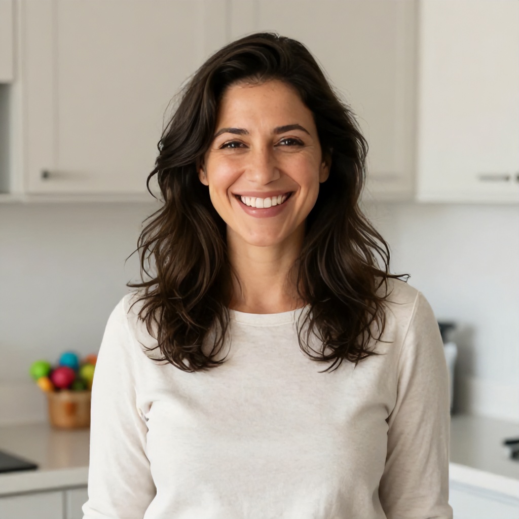 A smiling woman with dark, wavy hair is pictured from the chest up. She is wearing a light-colored, long-sleeved top and stands in what appears to be a bright kitchen setting. The background features light-toned cabinets, a speckled countertop, and a small arrangement of colorful items. The overall image conveys a cheerful and friendly mood.
