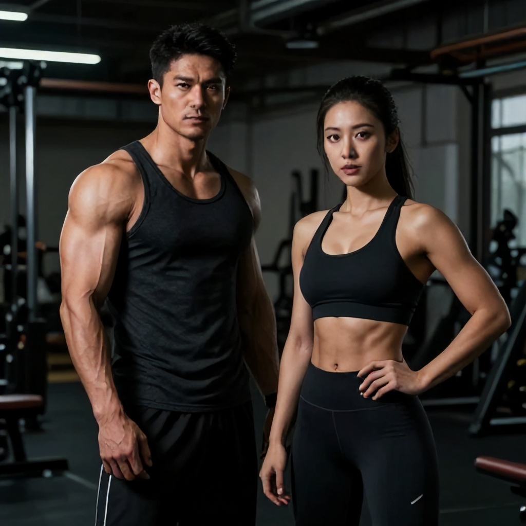 A muscular man and a fit woman stand side-by-side in a dim, industrial-style gym. Both are wearing dark, athletic apparel and looking directly at the camera with confident expressions. The moody, low-key lighting emphasizes their toned physiques against the background of gym equipment.