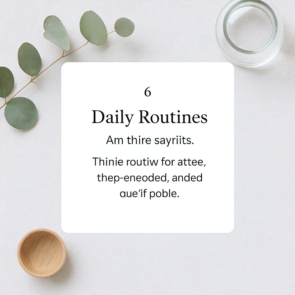 This minimalist graphic features a central white square with text about daily routines set against a light, textured background. The composition is framed by natural elements, including eucalyptus leaves, a small wooden object, and subtle glass vessels. Its clean, airy style and neutral color palette create a calm and organized mood.