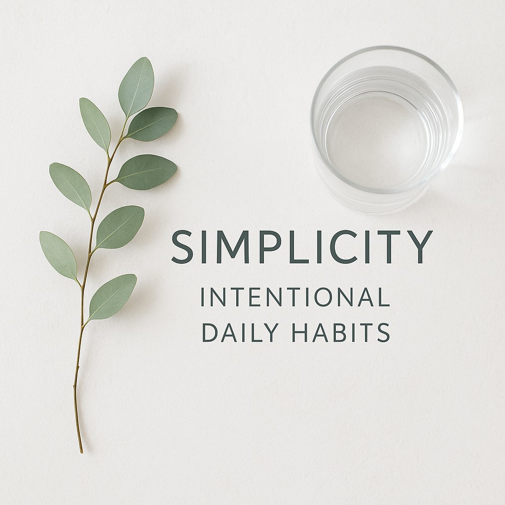 This overhead image features a clean and minimalist aesthetic with a soft, bright color palette of white, grey, and green. A leafy eucalyptus sprig and a clear glass containing water are arranged on a light, textured surface. Bold text overlays the center, focusing on themes of simplicity and intentional daily habits. The overall composition is peaceful and organized, evoking a sense of calm and focus.