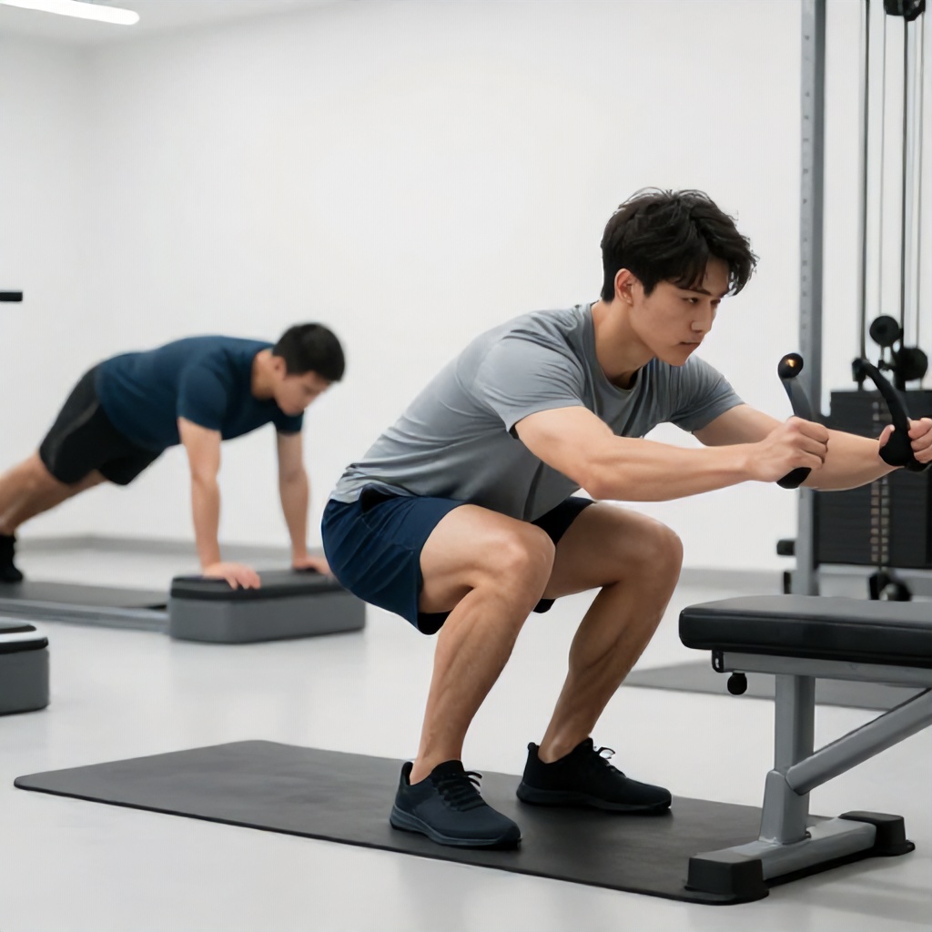 Advanced Gym Workout: Deep Squats on Bench and Elevated Plank Exercises