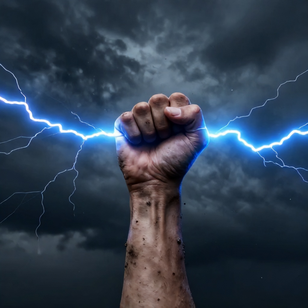 A weathered, mud-caked fist is thrust upward into a stormy, dark sky filled with swirling particles. Bright, electric blue lightning arcs horizontally through the clenched hand, creating a dramatic sense of power and intensity. The overall composition is moody and energetic, conveying a feeling of defiance or supernatural strength.