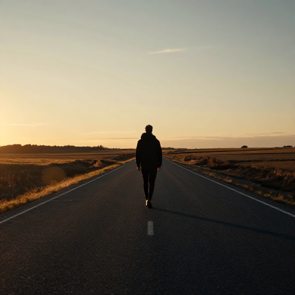 A person dressed in dark clothing walks away from the camera down a long, empty road that stretches toward the horizon. The scene is illuminated by the soft, golden light of a setting sun, casting long shadows across the landscape. The atmosphere is contemplative and solitary, set against a backdrop of vast, open fields under a twilight sky.