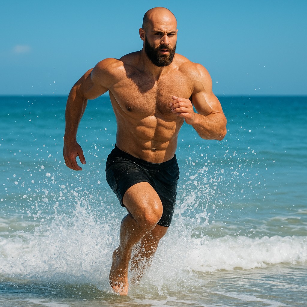 A muscular, bearded man with a shaved head is shown running through shallow ocean water, creating splashes around him. The scene is brightly lit with a clear blue sky, evoking a sense of vitality, health, and outdoor activity. The overall mood is energetic and aspirational.