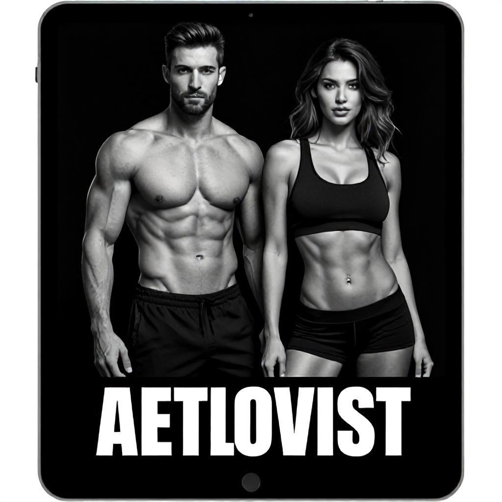 This image displays a tablet screen showing a fitness-oriented graphic featuring a man and a woman posing side by side. Both individuals are dressed in casual, revealing clothing and have toned, athletic physiques. The overall style is a high-contrast black-and-white photograph with bold text overlay at the bottom.
