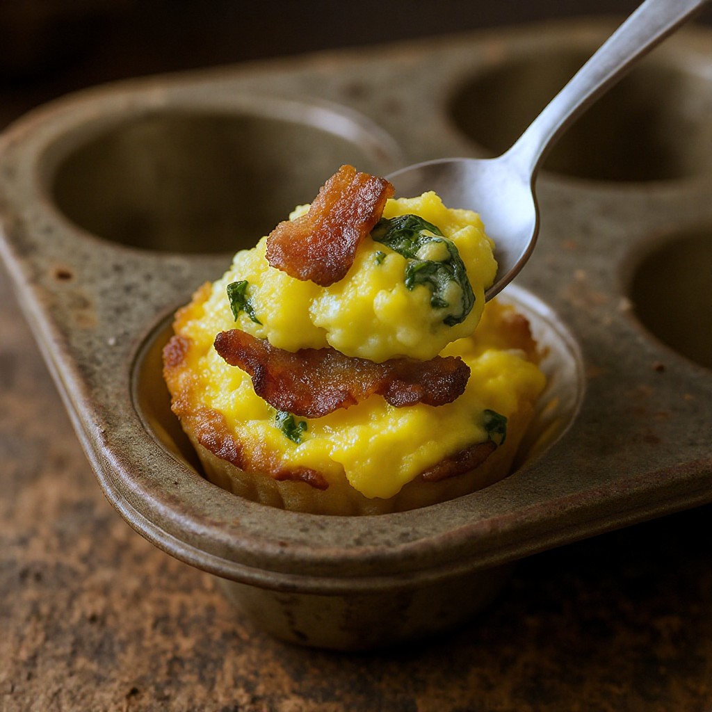 A close-up image shows a savory egg bite filled with crisp bacon and green spinach, sitting in a rustic, well-used metal muffin tin. A small silver spoon is lifting the individual portion out of its cup, showcasing its golden-yellow texture and vibrant ingredients. The scene conveys a warm, appetizing mood through its focus on freshly cooked food and simple kitchenware.