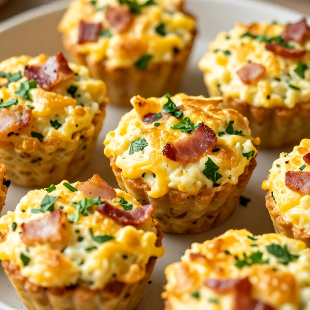 This image features a collection of golden-brown egg bites cooked with bits of bacon and fresh green herbs. The individual portions appear light and fluffy, set against a simple kitchen background that highlights the rustic, homemade quality of the breakfast snack.