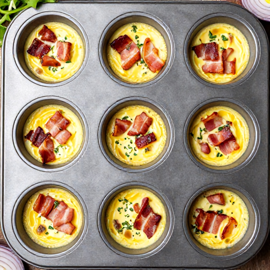This top-down view shows a metal muffin tin filled with individual savory egg bites, featuring visible pieces of cooked bacon and flecks of herbs. Fresh greens and slices of red onion are tucked into the corners of the frame, adding vibrant color to the composition. The overall tone is appetizing and suggests a simple, homemade approach to a healthy breakfast.