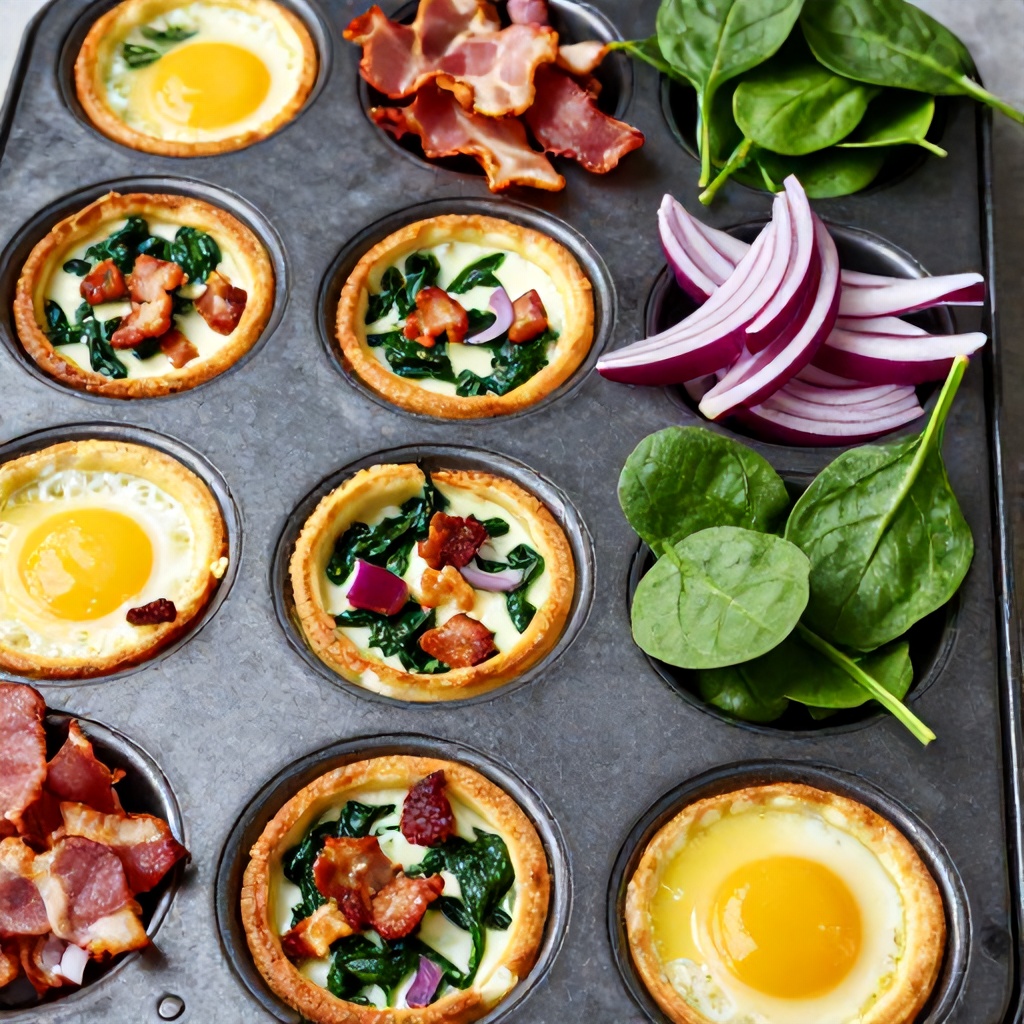 A metal muffin tin is filled with a variety of egg bites, some filled with savory bacon, spinach, and red onion. Other individual cups in the pan serve as holders for fresh ingredients, including a pile of crispy bacon slices, fresh spinach leaves, and thin slivers of raw red onion. The presentation is organized and appetizing, with the warm colors of the baked eggs contrasting against the cool, dark tones of the weathered pan.