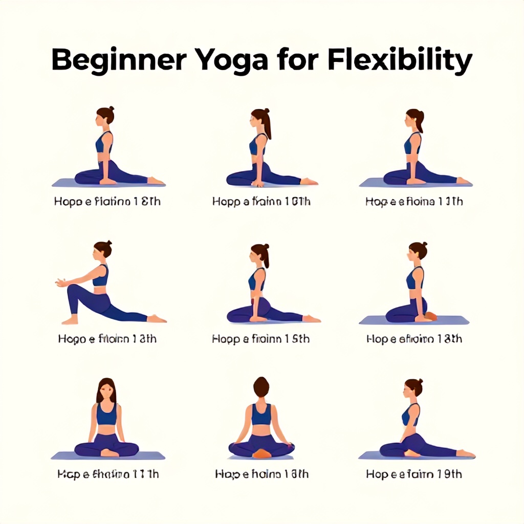 This illustrated guide titled "Beginner Yoga for Flexibility" displays several different yoga poses against a neutral, off-white background. Each position is demonstrated by a minimalist figure wearing blue and purple athletic clothing, with text labels and suggested hold times beneath each illustration. The overall aesthetic is calm and clean, utilizing a muted color palette to provide a clear and organized visual tutorial for physical wellness.