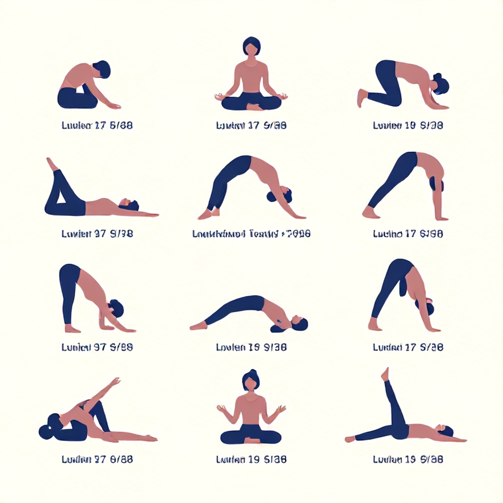 This instructional graphic features eleven minimalist illustrations of a person performing various yoga poses designed to increase flexibility. The figures are rendered in a soft color palette of dusty rose and muted blue against a neutral cream background with a subtle paper texture. Each pose is clearly labeled with its name and a suggested hold time, creating an organized and informative visual guide for a beginner-level routine.