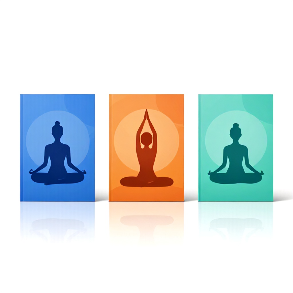 Three vertical book covers are arranged side-by-side against a clean white background with soft reflections beneath them. Each cover features vibrant colors and illustrations related to wellness, such as silhouettes of people in yoga poses and a cartoon figure in a seated meditation position. The modern design utilizes a palette of blues, oranges, and teals, creating a bright and encouraging mood focused on health and mindfulness.