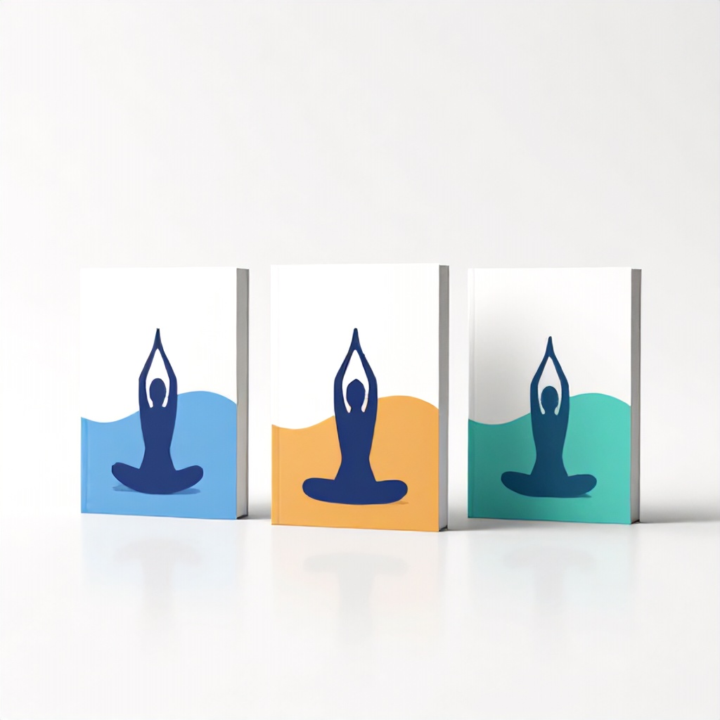 Three vertical book covers are presented in a clean, 3D digital mockup style against a plain white background. Each cover features yoga-themed graphics, such as silhouettes of practitioners and a stylized illustration, paired with a bright palette of blues, teals, and oranges. The books rest on a reflective surface, casting soft shadows that enhance the modern and instructional aesthetic.