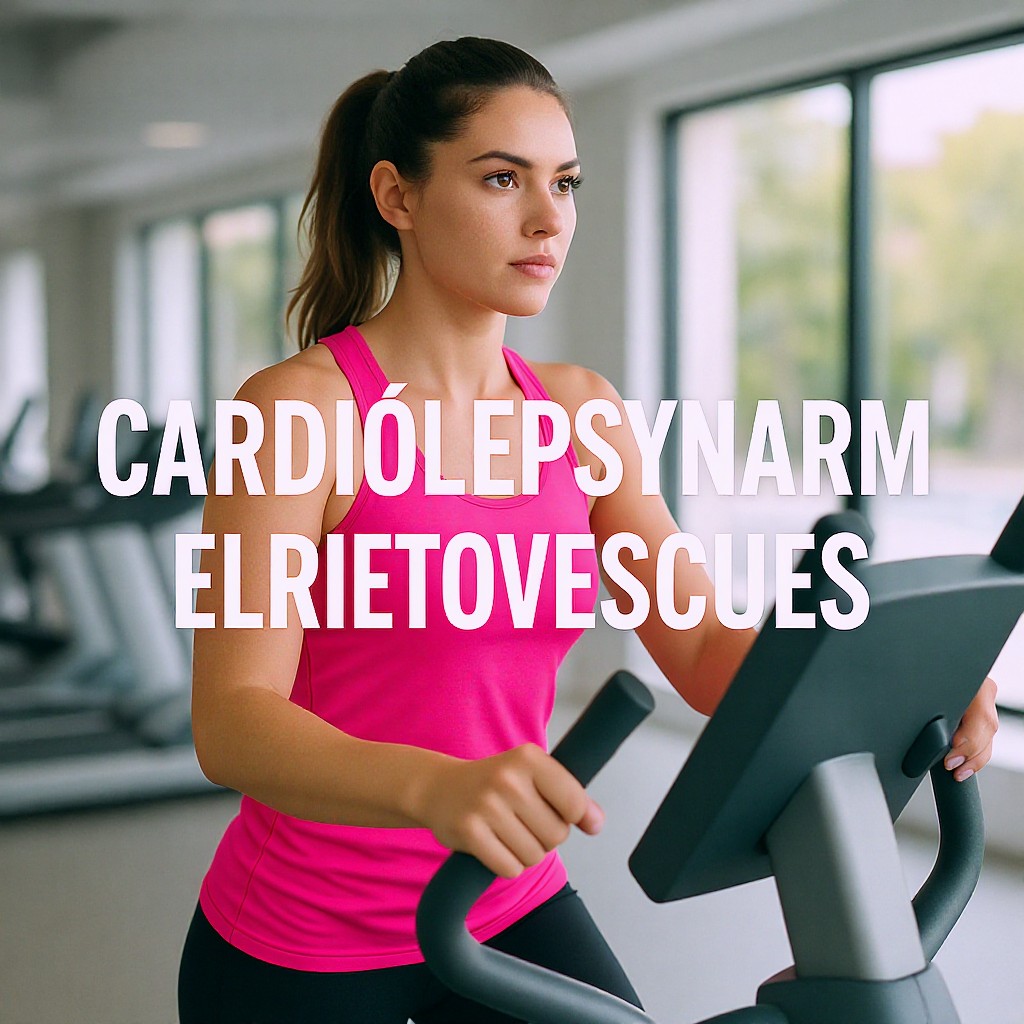 A woman wearing a bright pink tank top is pictured using an elliptical trainer in a well-lit, modern fitness facility. She appears focused and determined as she grips the handles of the cardio equipment. Large, bold text is overlaid on the image, highlighting the theme of cardiovascular exercise. The background features expansive windows that fill the space with natural light, creating an active and clean environment.
