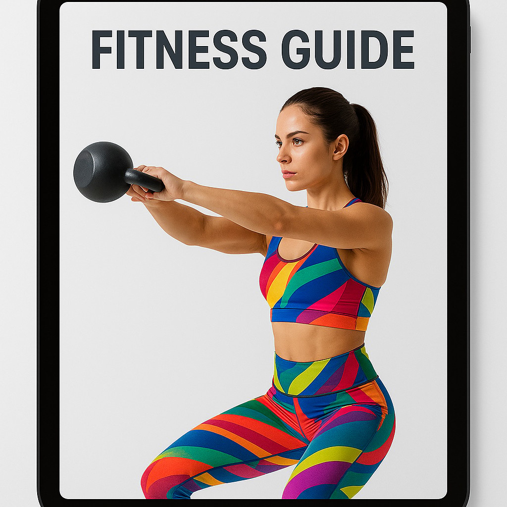 An electronic tablet displays a cover for a fitness guide featuring a woman performing a kettlebell exercise. She wears vibrant, multi-colored athletic gear and maintains a focused expression against a minimalist white background. The overall presentation is clean and modern, conveying an energetic and health-conscious mood.