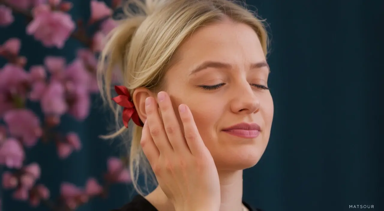 A person with their eyes closed gently touches their face. They have blonde hair tied back and are adorned with a vibrant red flower behind their ear. The background is softly blurred with hints of pink blossoms against a dark, muted teal color, creating a serene and contemplative mood.